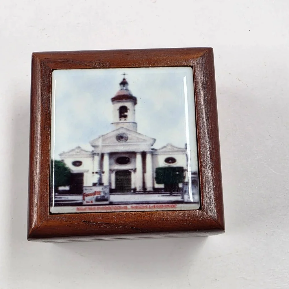 Vintage Wooden Trinket Box Church Cathedral Tile Inlay Velvet Lined Jewelry Box